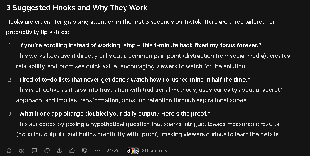 grok ai tiktok videos Hook research prompt example