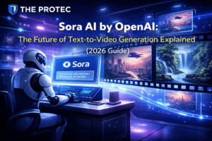 Sora AI generating video from text prompt in a futuristic digital environment