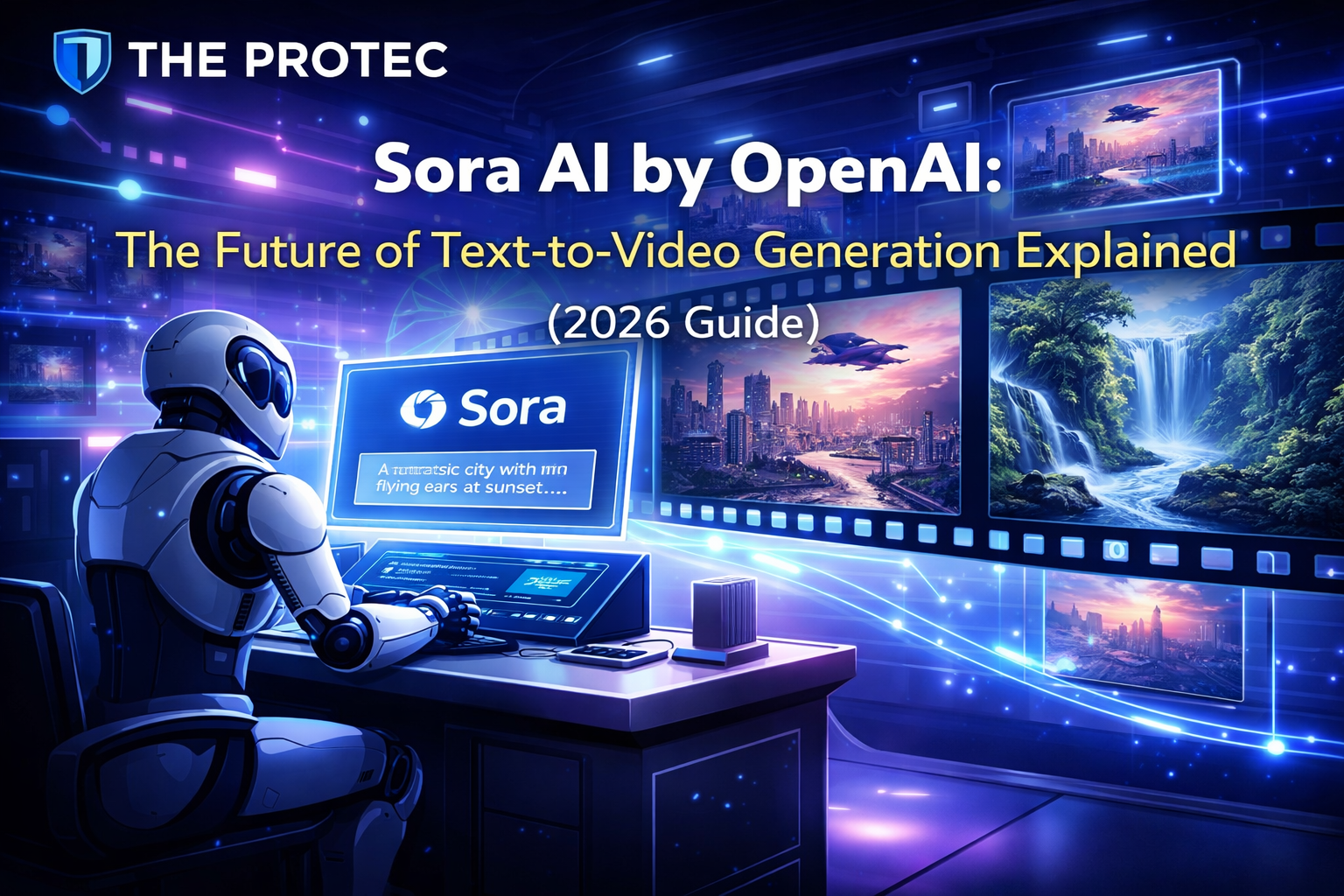 Sora AI generating video from text prompt in a futuristic digital environment