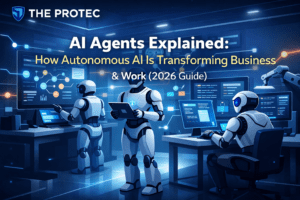 AI agents automating workflows and managing tasks in a futuristic digital environment