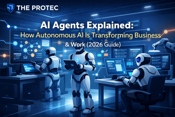 AI agents automating workflows and managing tasks in a futuristic digital environment